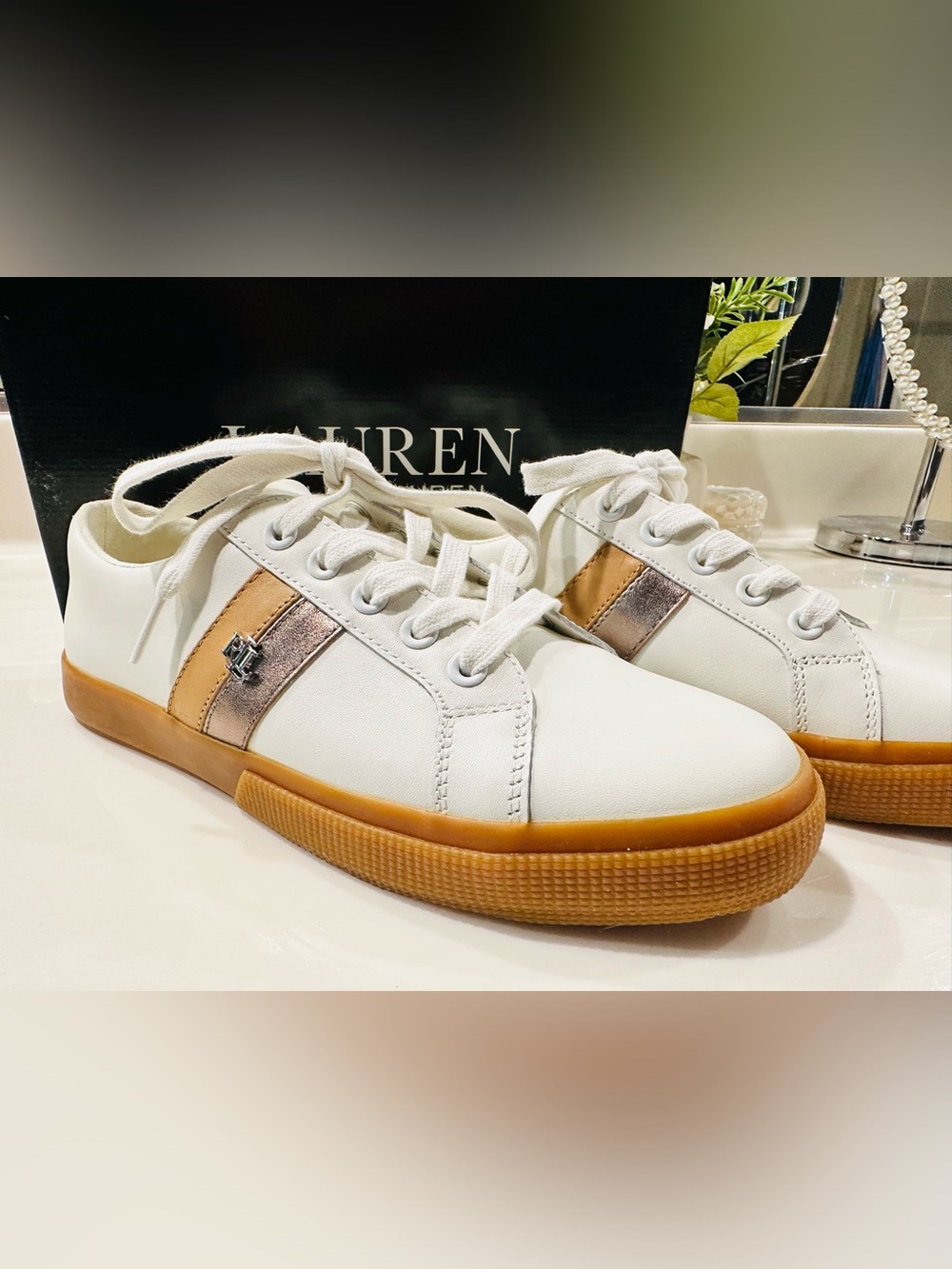New Lauren Ralph Lauren White Sneaker with Metallic Bronze and Tan Stripes
